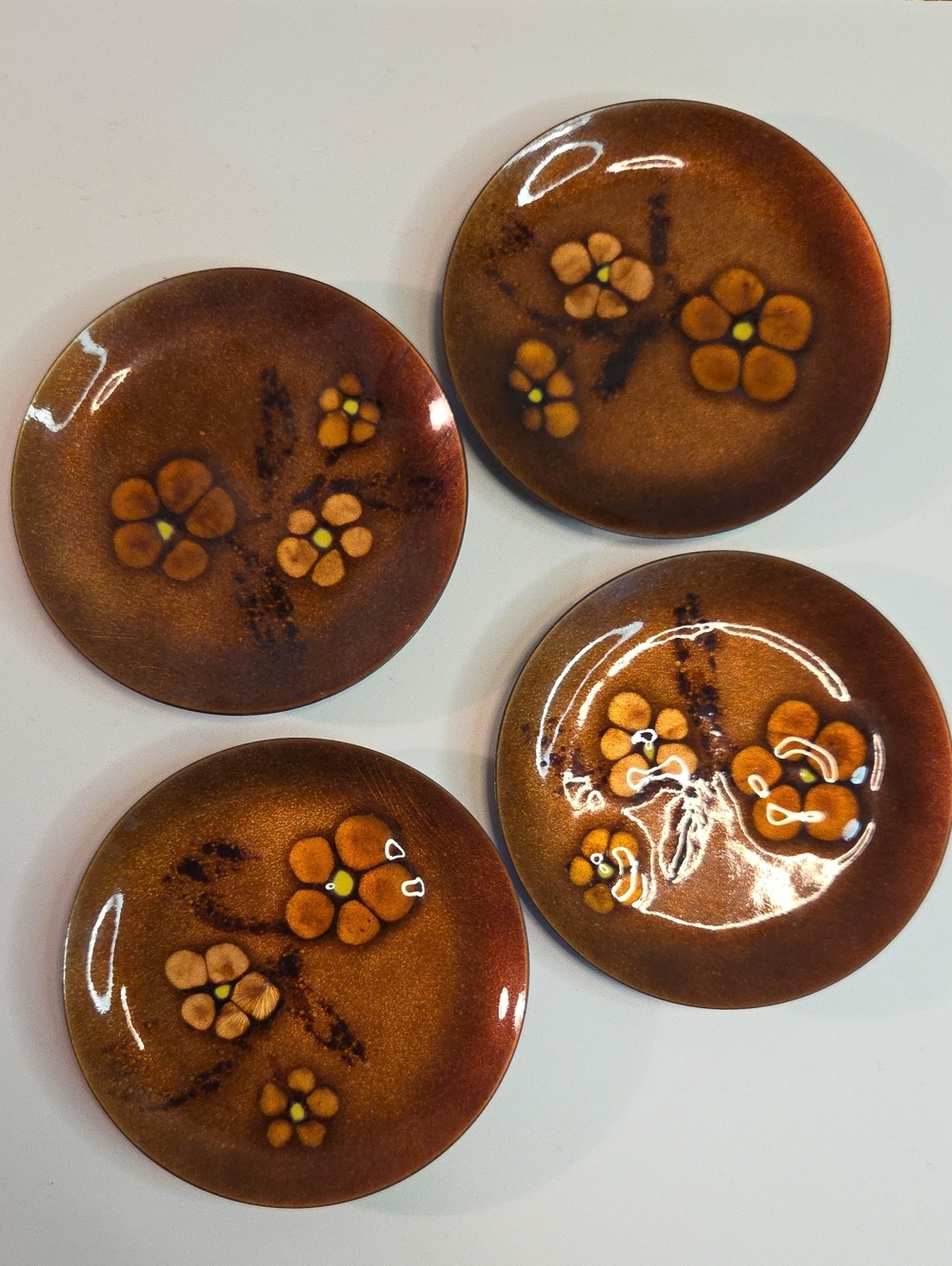 Midcentury Bovano Handcrafted Trinket Dish 3.6" Enamel On Copper Set Of 4